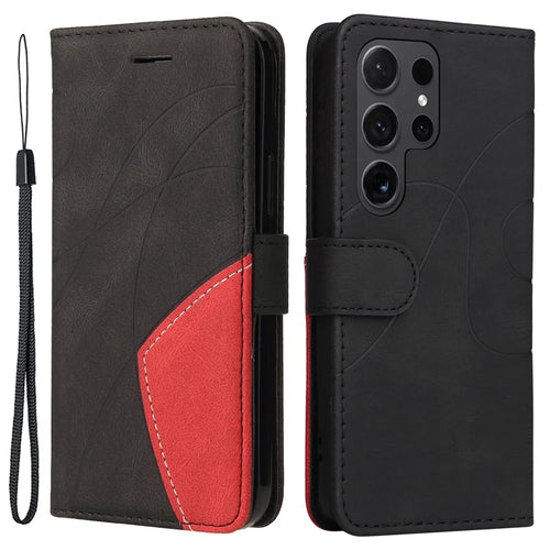 For Samsung Galaxy S24 Ultra Leather Case Wallet Stand Color Splicing Phone Cover - Black - 1