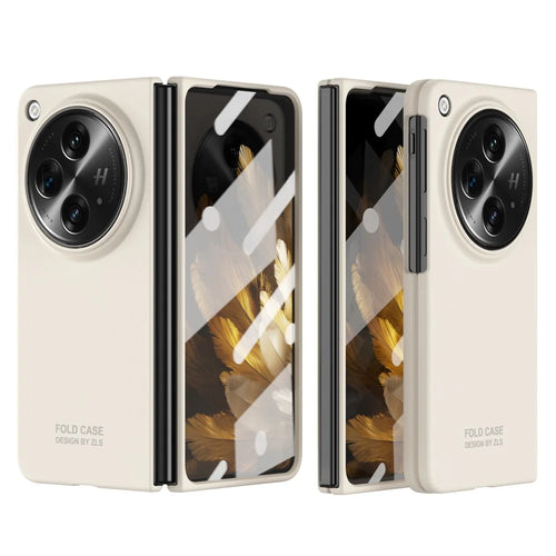 For OnePlus Open Case PC Folding Phone Cover with Tempered Glass Film - Beige - 1