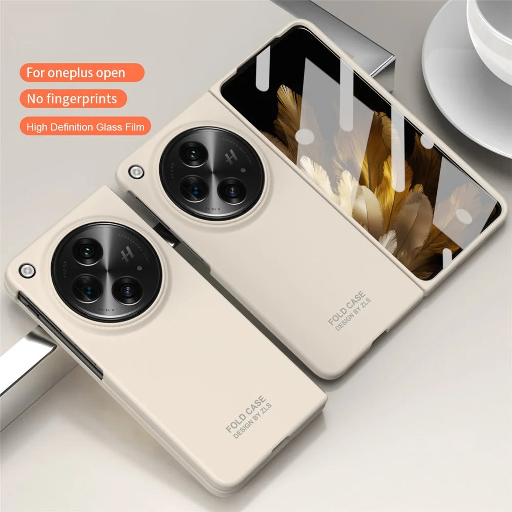 For OnePlus Open Case PC Folding Phone Cover with Tempered Glass Film - Beige - 2