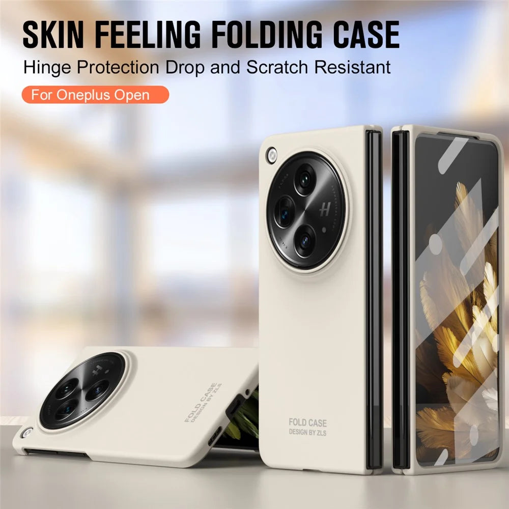 For OnePlus Open Case PC Folding Phone Cover with Tempered Glass Film - Beige - 4