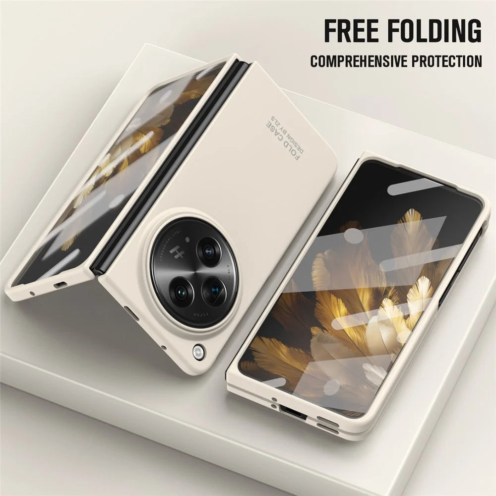 For OnePlus Open Case PC Folding Phone Cover with Tempered Glass Film - Beige - 6