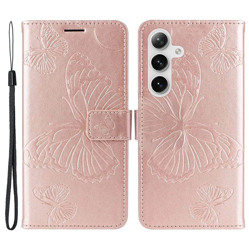 For Samsung Galaxy S25+ / S24+ Wallet Case Floral Butterfly Imprinted Leather Phone Cover Stand - Rose Gold - 1