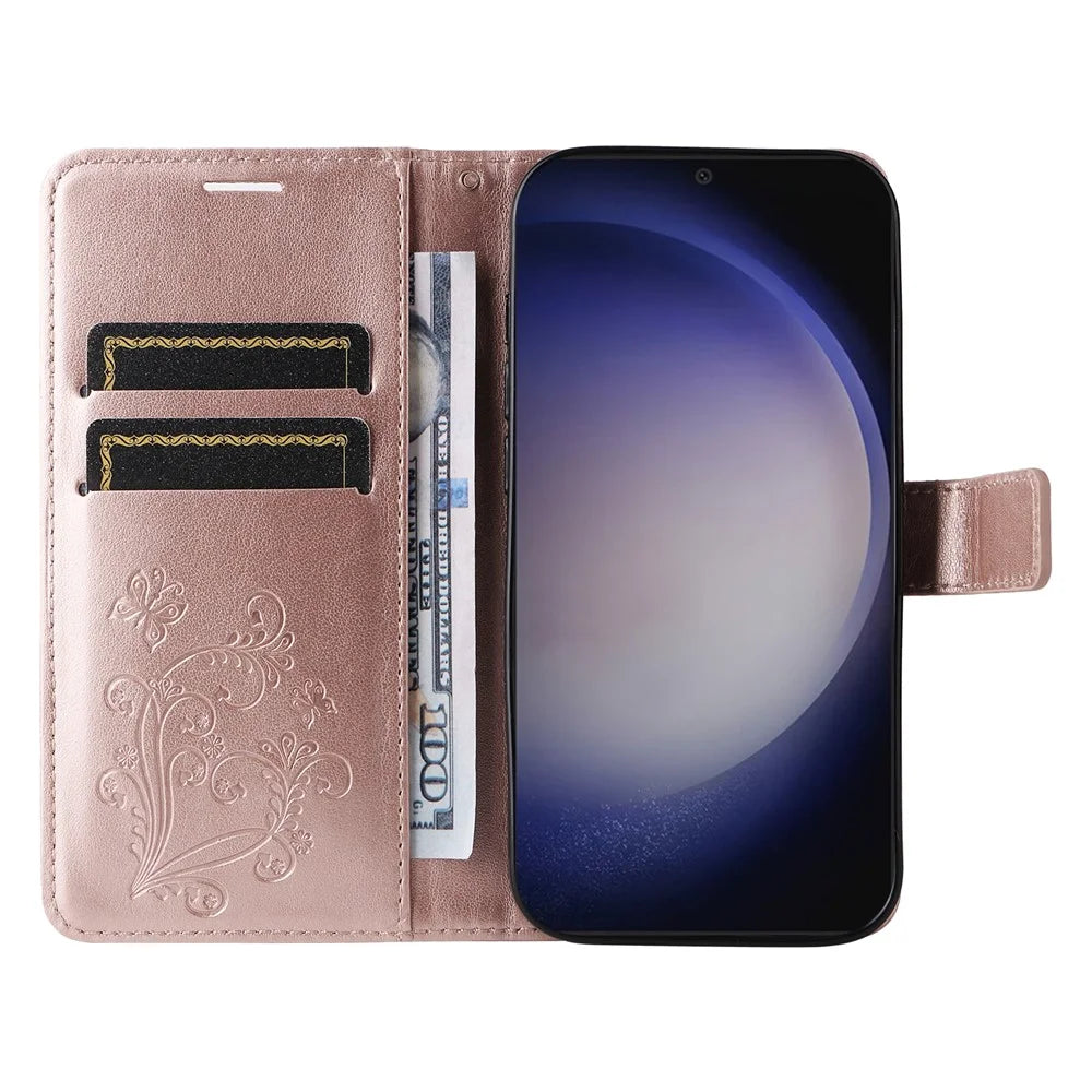 For Samsung Galaxy S25+ / S24+ Wallet Case Floral Butterfly Imprinted Leather Phone Cover Stand - Rose Gold - 2