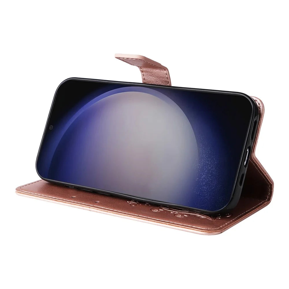 For Samsung Galaxy S25+ / S24+ Wallet Case Floral Butterfly Imprinted Leather Phone Cover Stand - Rose Gold - 3