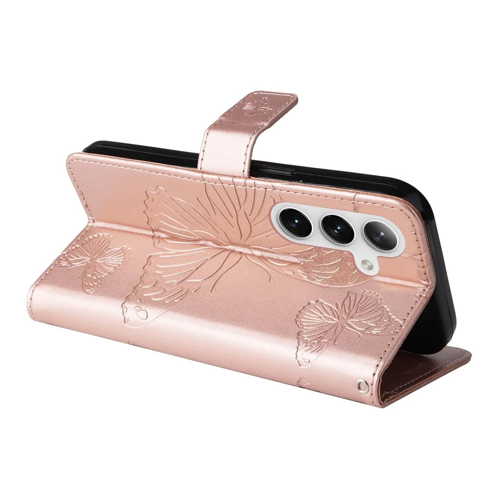 For Samsung Galaxy S25+ / S24+ Wallet Case Floral Butterfly Imprinted Leather Phone Cover Stand - Rose Gold - 4