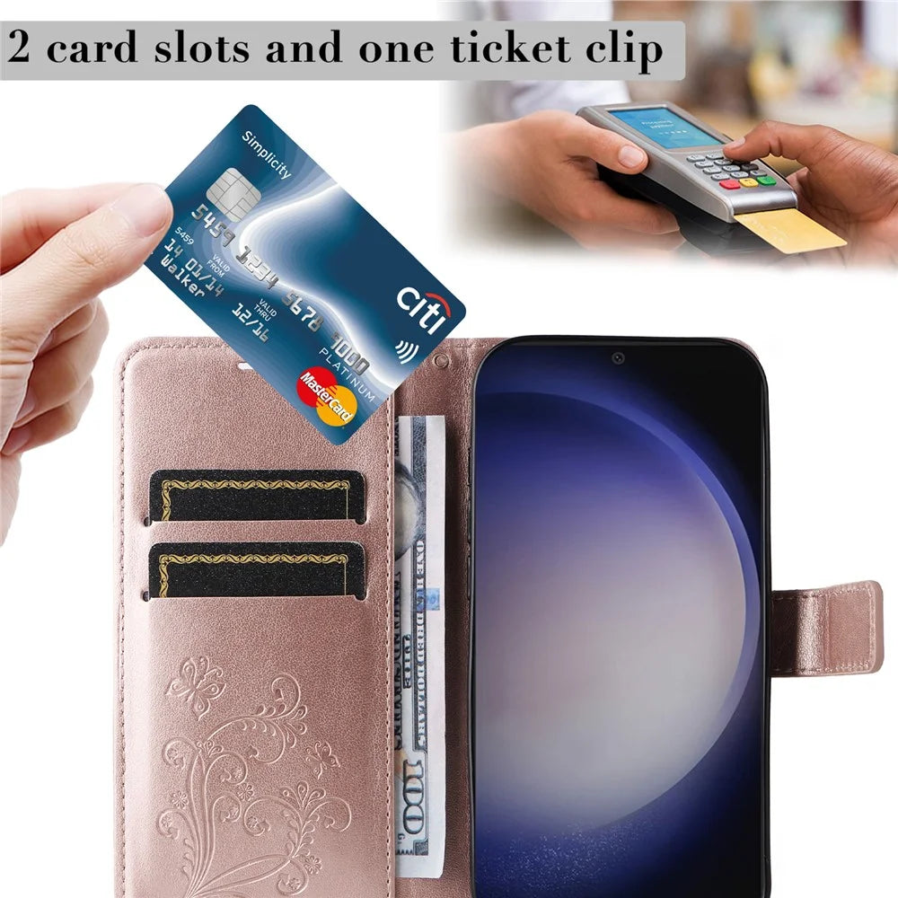 For Samsung Galaxy S25+ / S24+ Wallet Case Floral Butterfly Imprinted Leather Phone Cover Stand - Rose Gold - 7