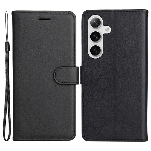 For Samsung Galaxy S25+ / S24+ Case Solid Color Leather Mobile Cover Wallet Stand with Strap - Black - 1