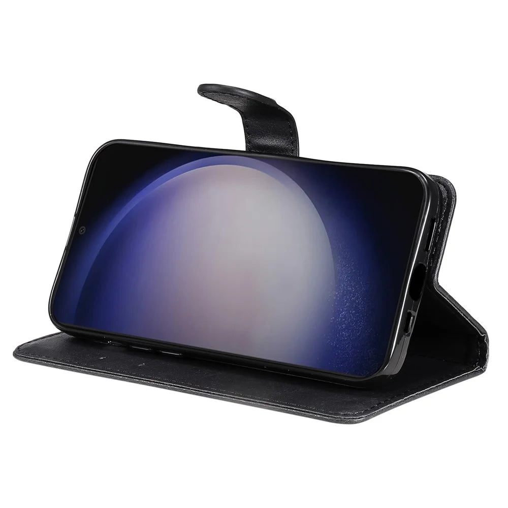 For Samsung Galaxy S25+ / S24+ Case Solid Color Leather Mobile Cover Wallet Stand with Strap - Black - 3