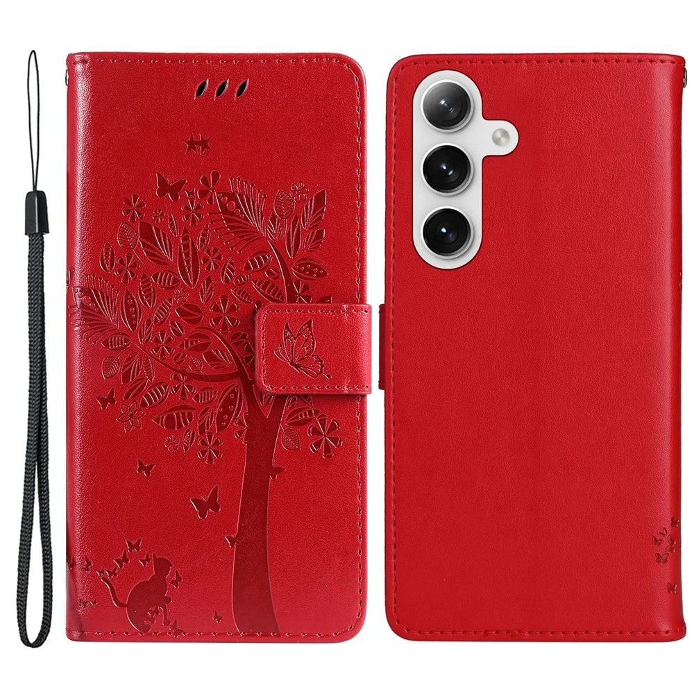 For Samsung Galaxy S25+ / S24+ Phone Case with Stand Cat Tree Pattern Leather Wallet Mobile Cover  - Red - 1