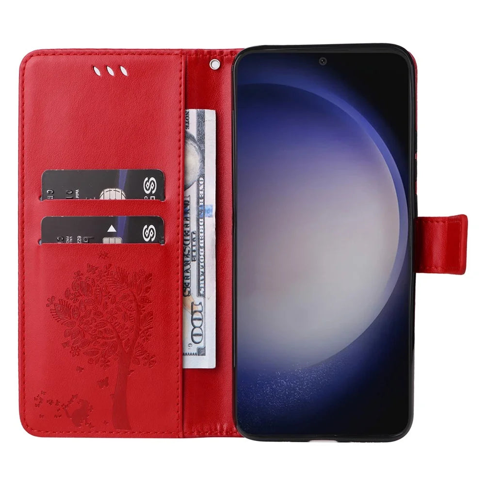 For Samsung Galaxy S25+ / S24+ Phone Case with Stand Cat Tree Pattern Leather Wallet Mobile Cover  - Red - 2