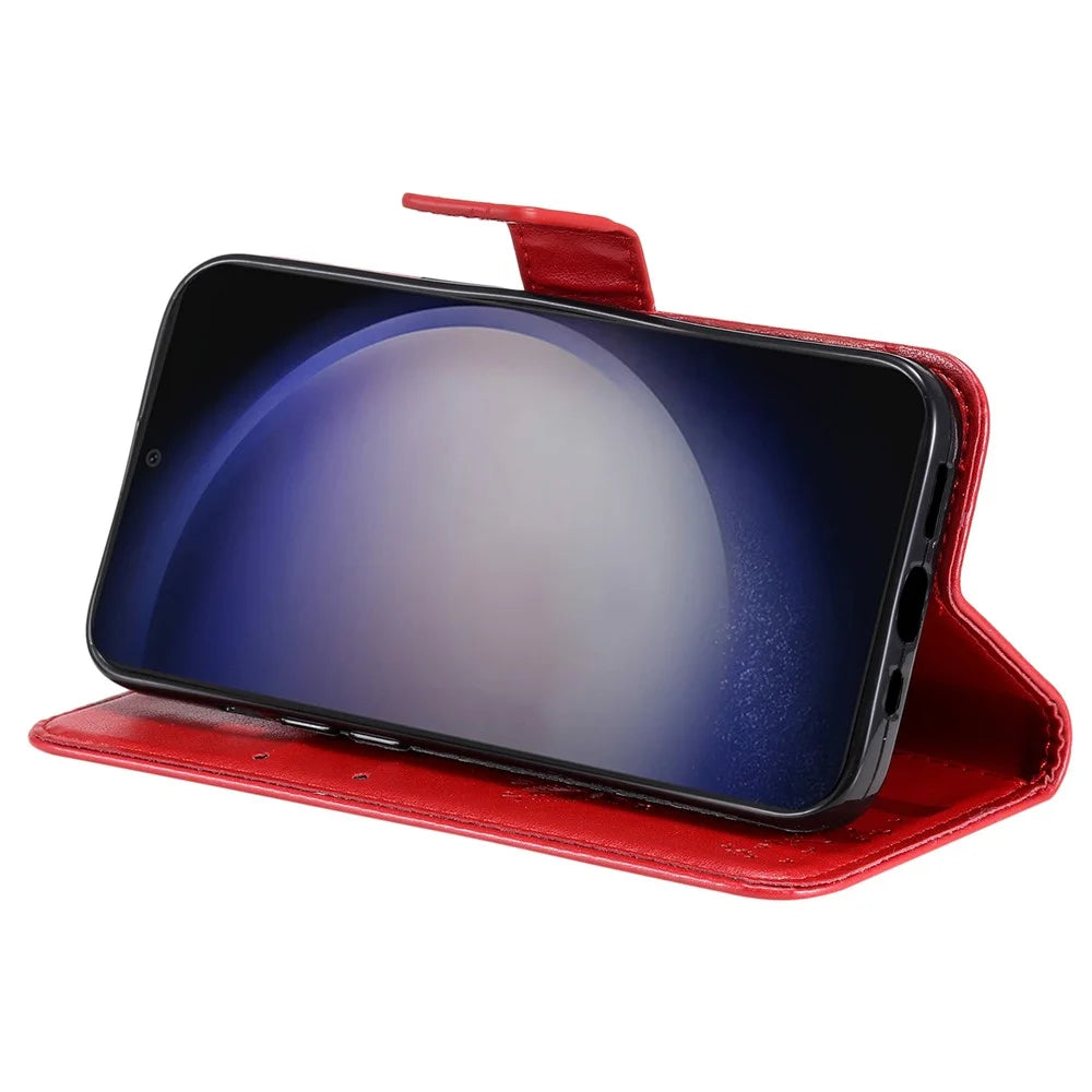 For Samsung Galaxy S25+ / S24+ Phone Case with Stand Cat Tree Pattern Leather Wallet Mobile Cover  - Red - 3