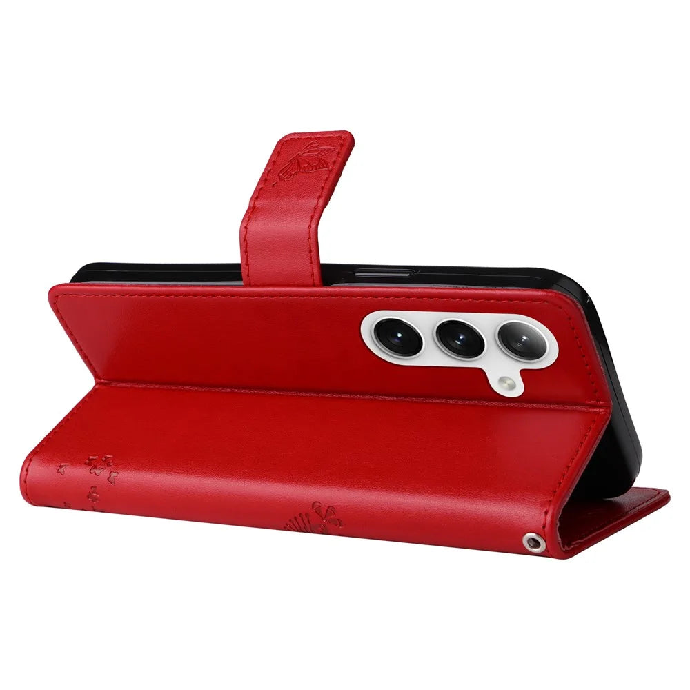 For Samsung Galaxy S25+ / S24+ Phone Case with Stand Cat Tree Pattern Leather Wallet Mobile Cover  - Red - 4