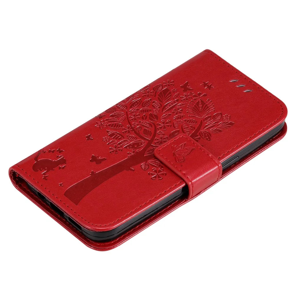 For Samsung Galaxy S25+ / S24+ Phone Case with Stand Cat Tree Pattern Leather Wallet Mobile Cover  - Red - 5