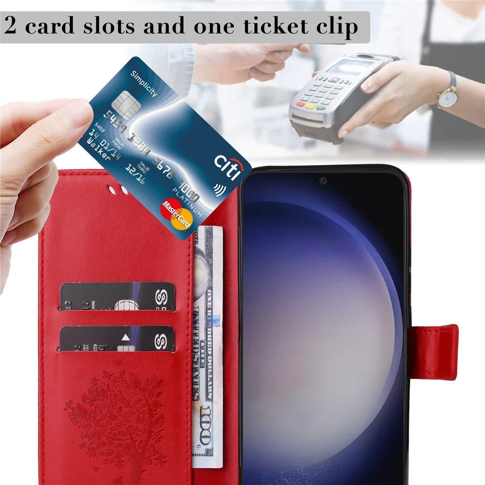 For Samsung Galaxy S25+ / S24+ Phone Case with Stand Cat Tree Pattern Leather Wallet Mobile Cover  - Red - 7