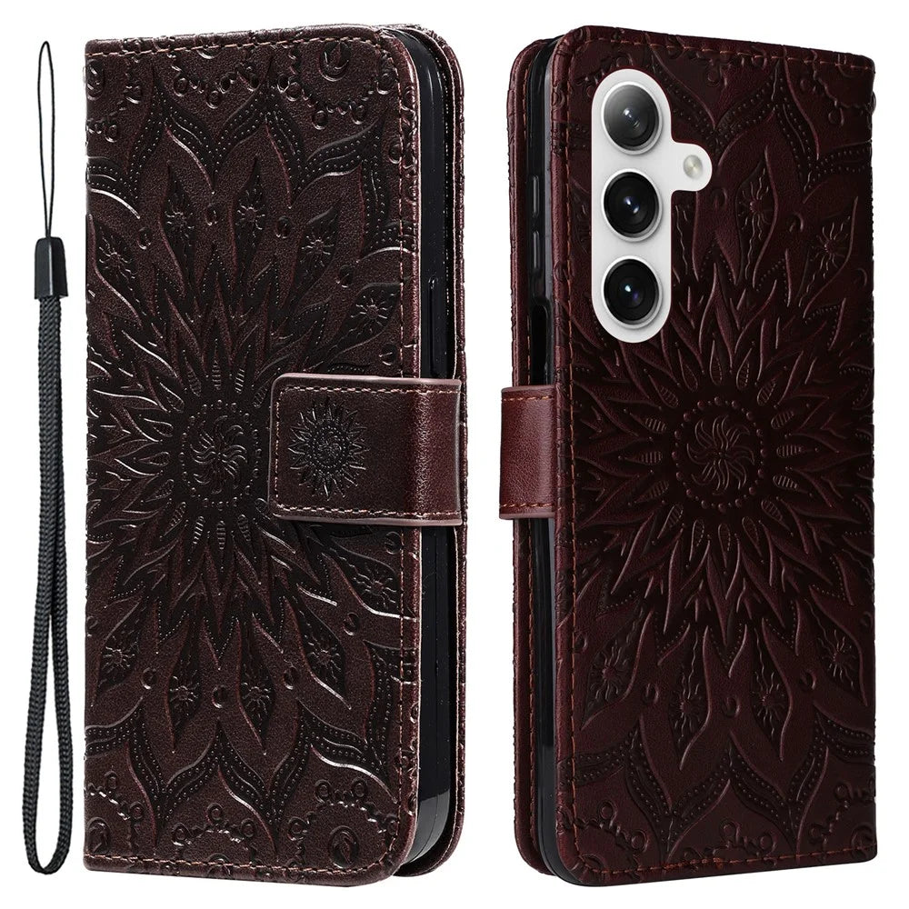 For Samsung Galaxy S25 / S24 Phone Case Sunflower Imprinted Leather Wallet Stand Cover with Strap - Brown - 1