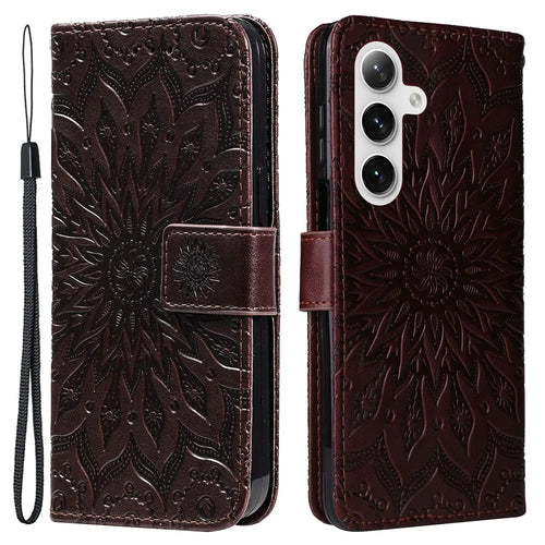 For Samsung Galaxy S25 / S24 Phone Case Sunflower Imprinted Leather Wallet Stand Cover with Strap - Brown - 1