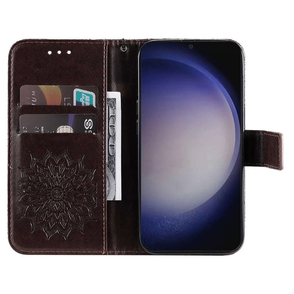 For Samsung Galaxy S25 / S24 Phone Case Sunflower Imprinted Leather Wallet Stand Cover with Strap - Brown - 2