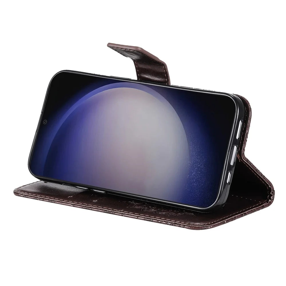 For Samsung Galaxy S25 / S24 Phone Case Sunflower Imprinted Leather Wallet Stand Cover with Strap - Brown - 3