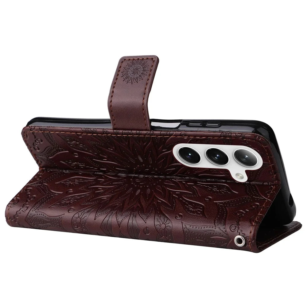 For Samsung Galaxy S25 / S24 Phone Case Sunflower Imprinted Leather Wallet Stand Cover with Strap - Brown - 4