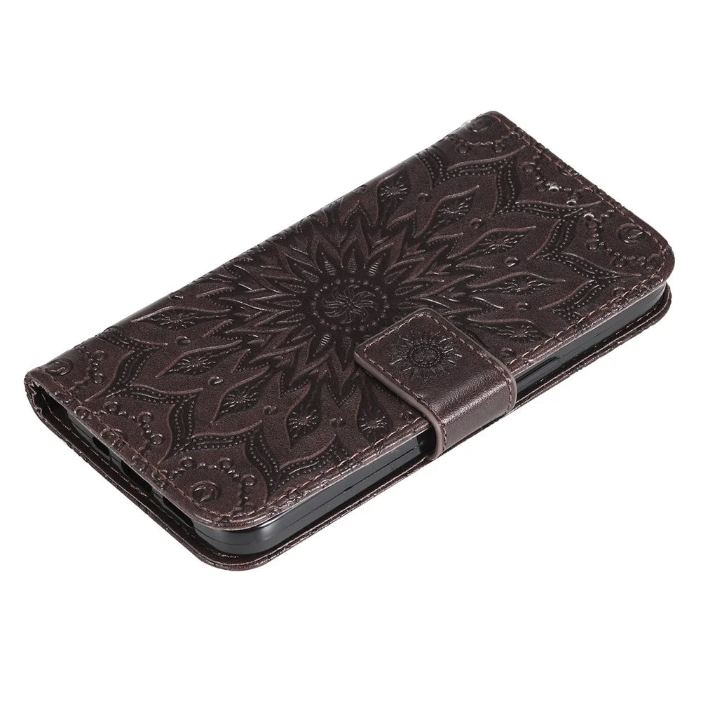 For Samsung Galaxy S25 / S24 Phone Case Sunflower Imprinted Leather Wallet Stand Cover with Strap - Brown - 5