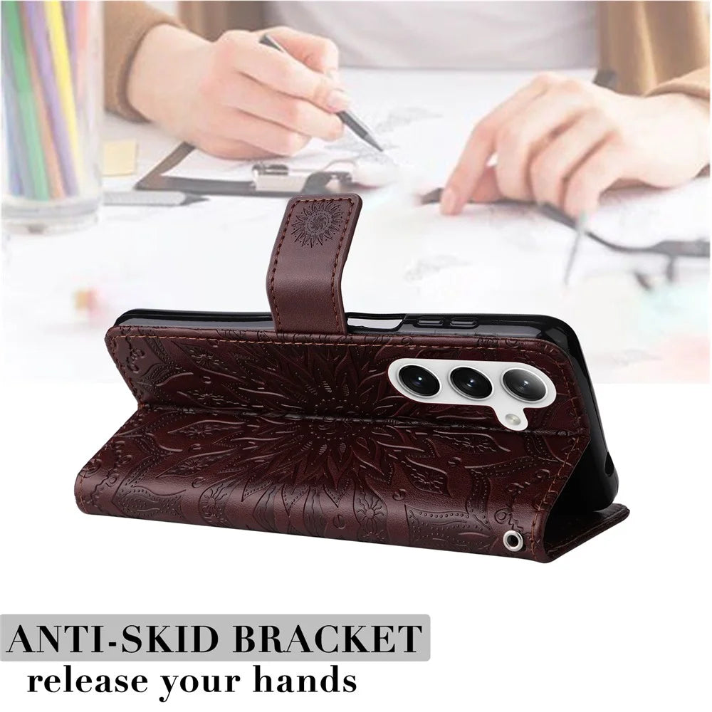 For Samsung Galaxy S25 / S24 Phone Case Sunflower Imprinted Leather Wallet Stand Cover with Strap - Brown - 6