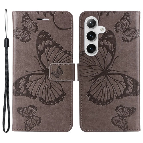 For Samsung Galaxy S25 / S24 Wallet Case Floral Butterfly Imprinted Leather Phone Cover Stand - Grey - 1