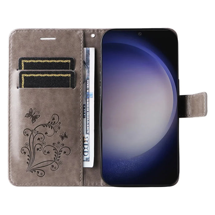 For Samsung Galaxy S25 / S24 Wallet Case Floral Butterfly Imprinted Leather Phone Cover Stand - Grey - 2