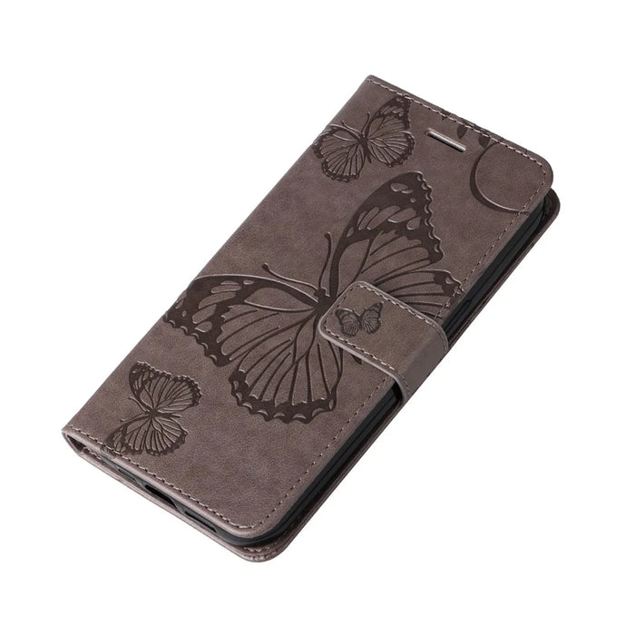 For Samsung Galaxy S25 / S24 Wallet Case Floral Butterfly Imprinted Leather Phone Cover Stand - Grey - 5