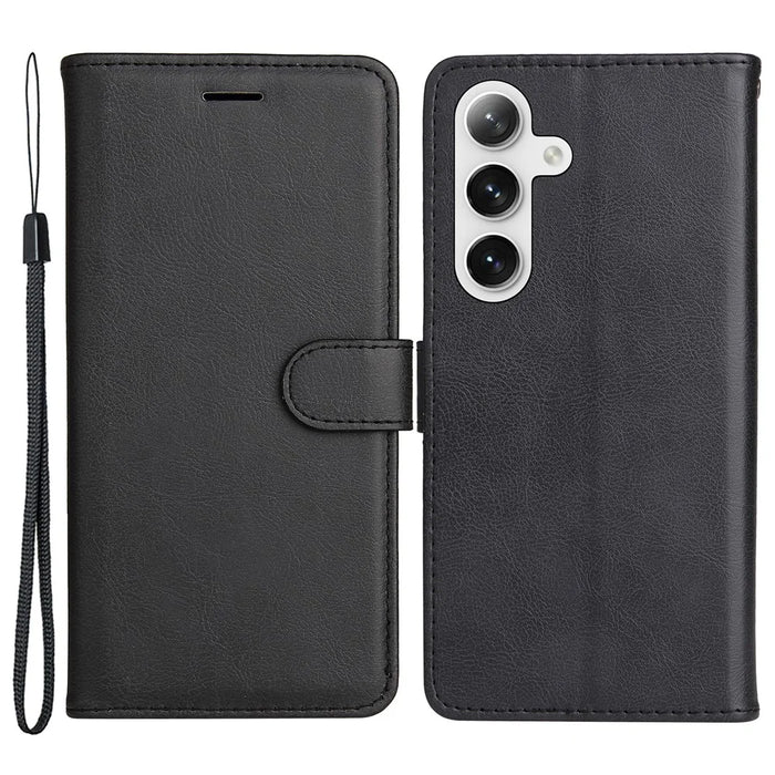 For Samsung Galaxy S25 / S24 Case Solid Color Leather Mobile Cover Wallet Stand with Strap - Black - 1