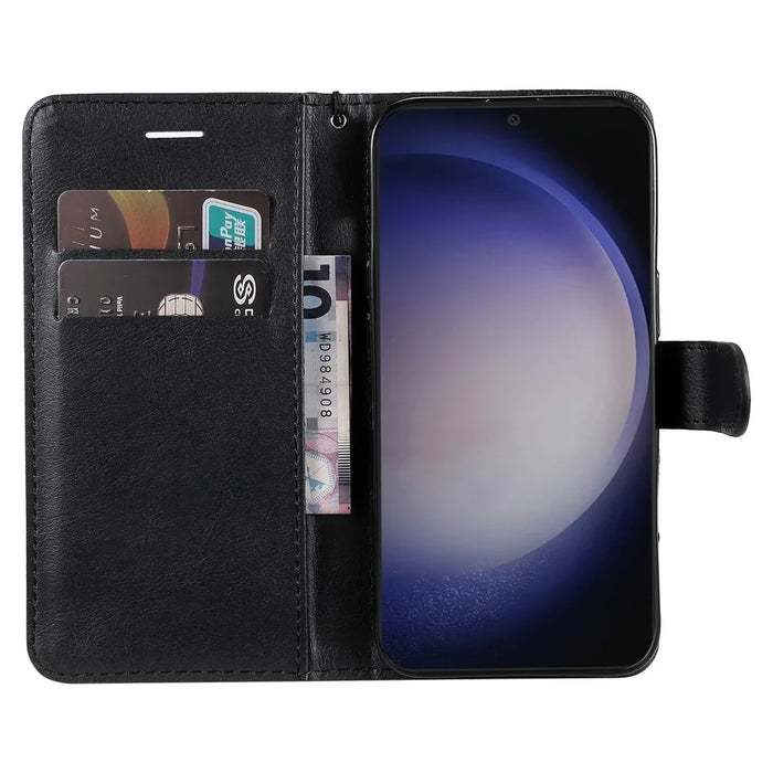 For Samsung Galaxy S25 / S24 Case Solid Color Leather Mobile Cover Wallet Stand with Strap - Black - 2