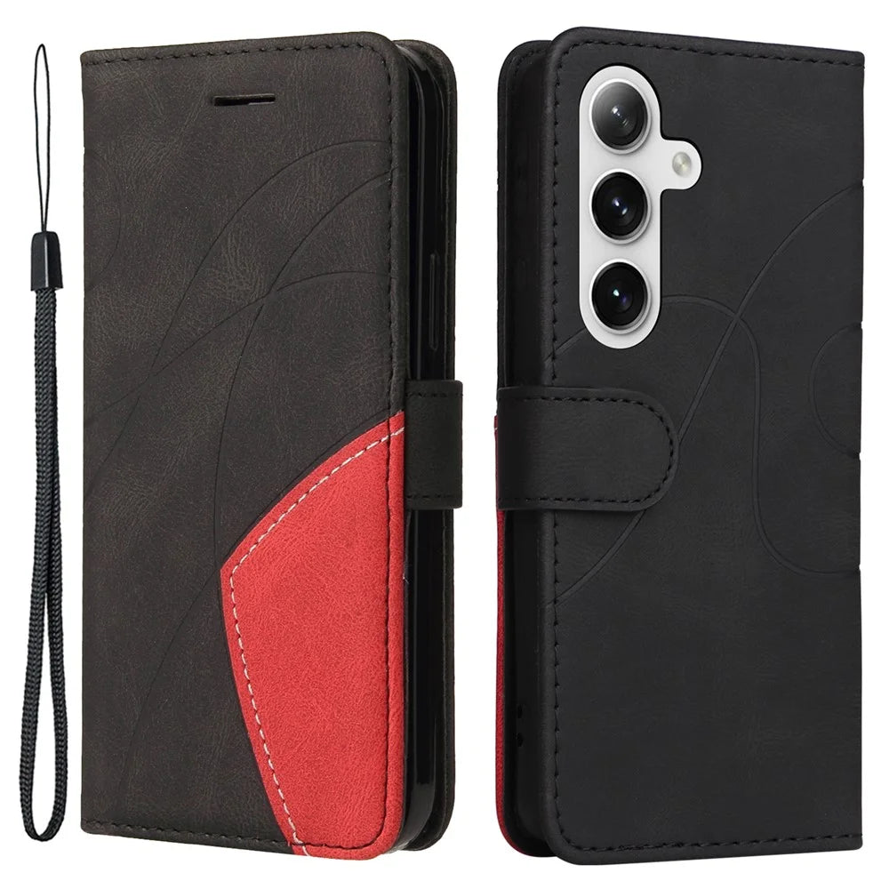 For Samsung Galaxy S25 / S24 Leather Case Wallet Stand Color Splicing Phone Cover - Black - 1