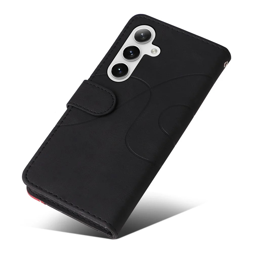 For Samsung Galaxy S25 / S24 Leather Case Wallet Stand Color Splicing Phone Cover - Black - 6