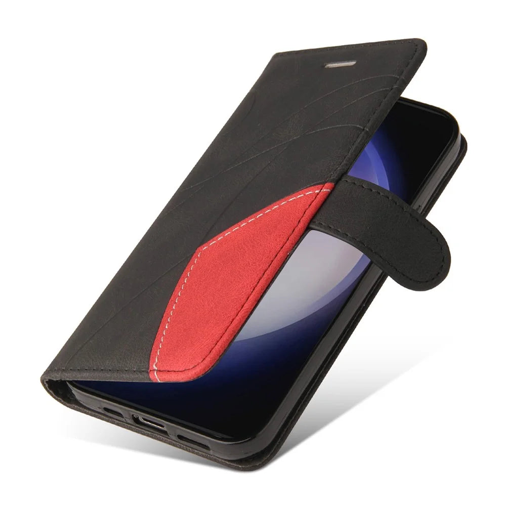 For Samsung Galaxy S25 / S24 Leather Case Wallet Stand Color Splicing Phone Cover - Black - 7