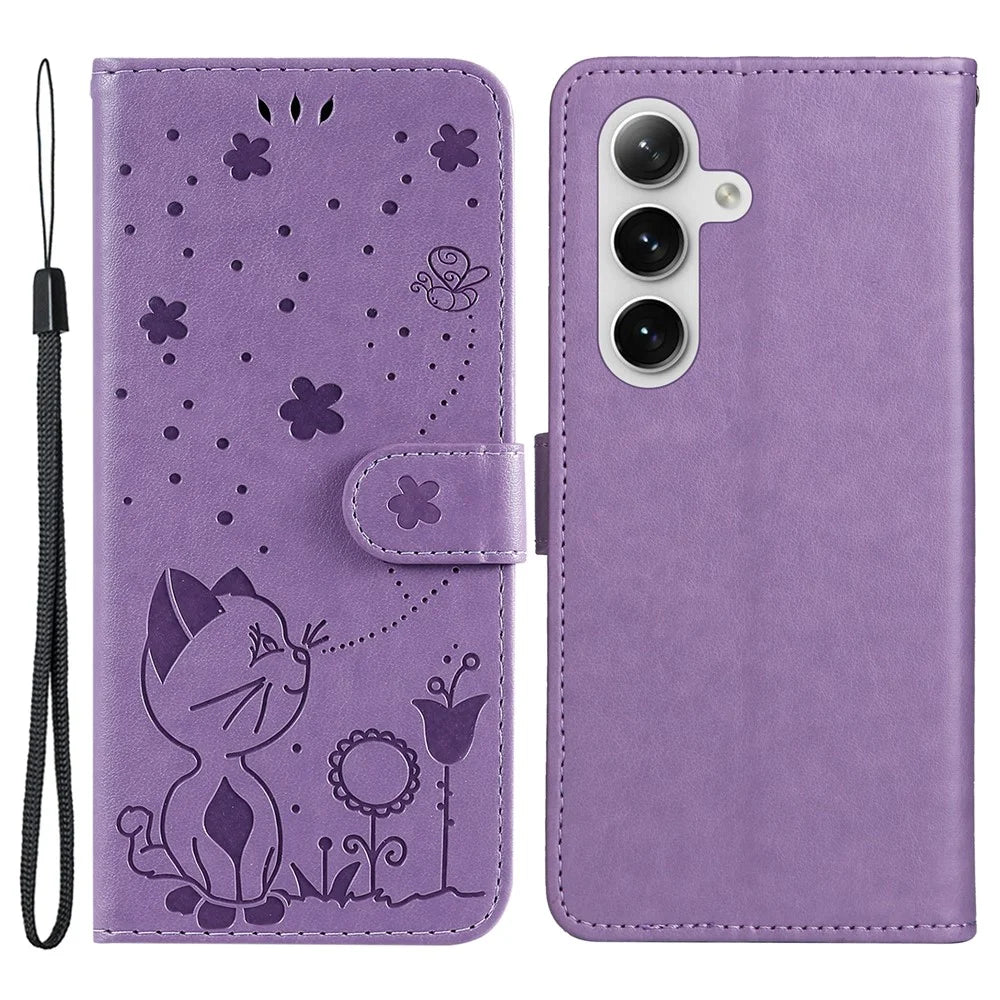 For Samsung Galaxy S25 / S24 Leather Case Cat Bee Pattern Phone Cover Wallet Stand with Strap - Purple - 1