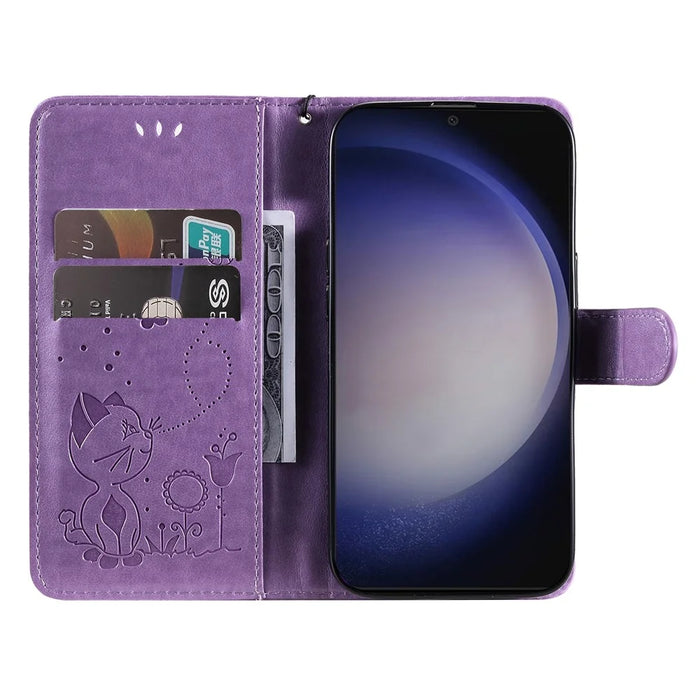 For Samsung Galaxy S25 / S24 Leather Case Cat Bee Pattern Phone Cover Wallet Stand with Strap - Purple - 2