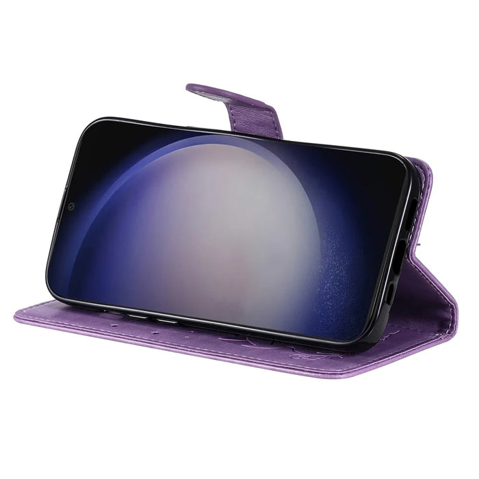 For Samsung Galaxy S25 / S24 Leather Case Cat Bee Pattern Phone Cover Wallet Stand with Strap - Purple - 3