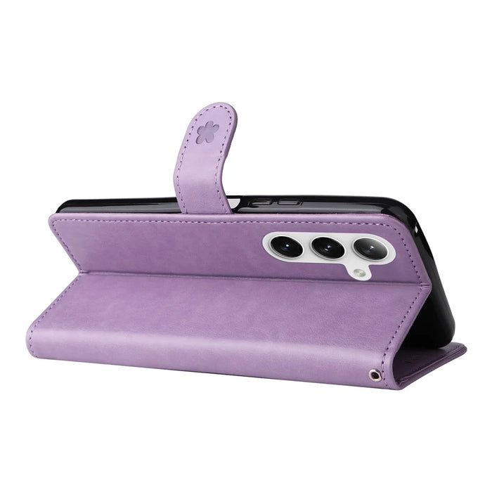 For Samsung Galaxy S25 / S24 Leather Case Cat Bee Pattern Phone Cover Wallet Stand with Strap - Purple - 4