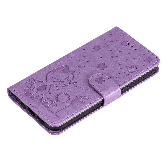 For Samsung Galaxy S25 / S24 Leather Case Cat Bee Pattern Phone Cover Wallet Stand with Strap - Purple - 5