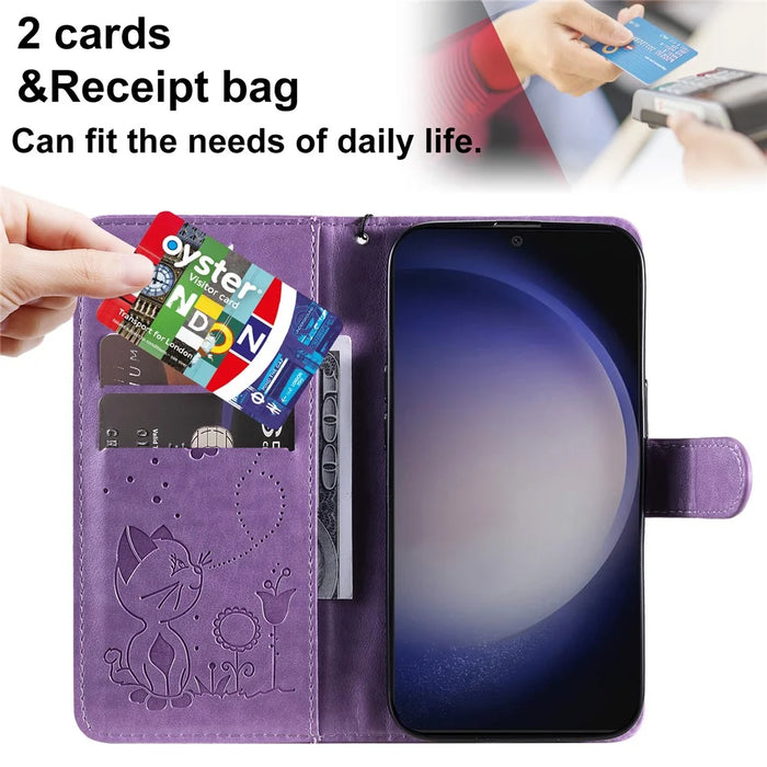 For Samsung Galaxy S25 / S24 Leather Case Cat Bee Pattern Phone Cover Wallet Stand with Strap - Purple - 6