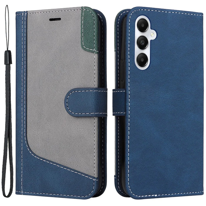 For Samsung Galaxy A05s 4G Case Three-color Splicing Leather Wallet Stand Phone Cover with Strap - Blue - 1