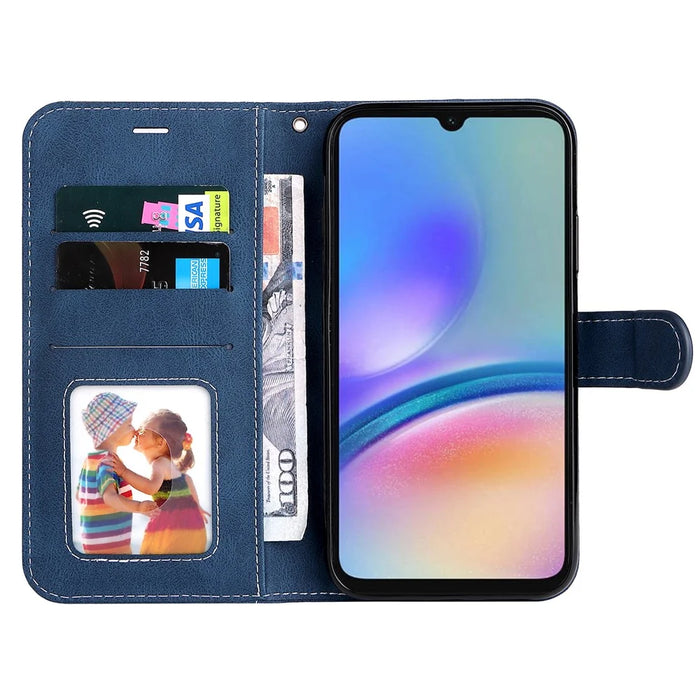 For Samsung Galaxy A05s 4G Case Three-color Splicing Leather Wallet Stand Phone Cover with Strap - Blue - 2