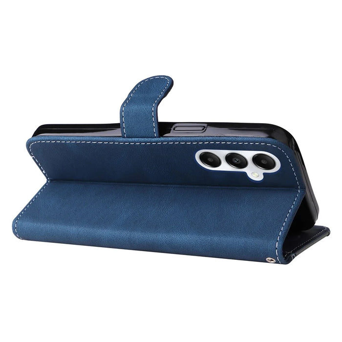 For Samsung Galaxy A05s 4G Case Three-color Splicing Leather Wallet Stand Phone Cover with Strap - Blue - 4