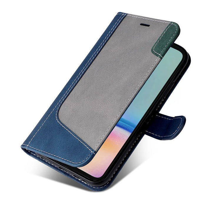 For Samsung Galaxy A05s 4G Case Three-color Splicing Leather Wallet Stand Phone Cover with Strap - Blue - 6