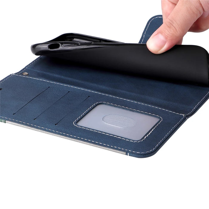 For Samsung Galaxy A05s 4G Case Three-color Splicing Leather Wallet Stand Phone Cover with Strap - Blue - 7