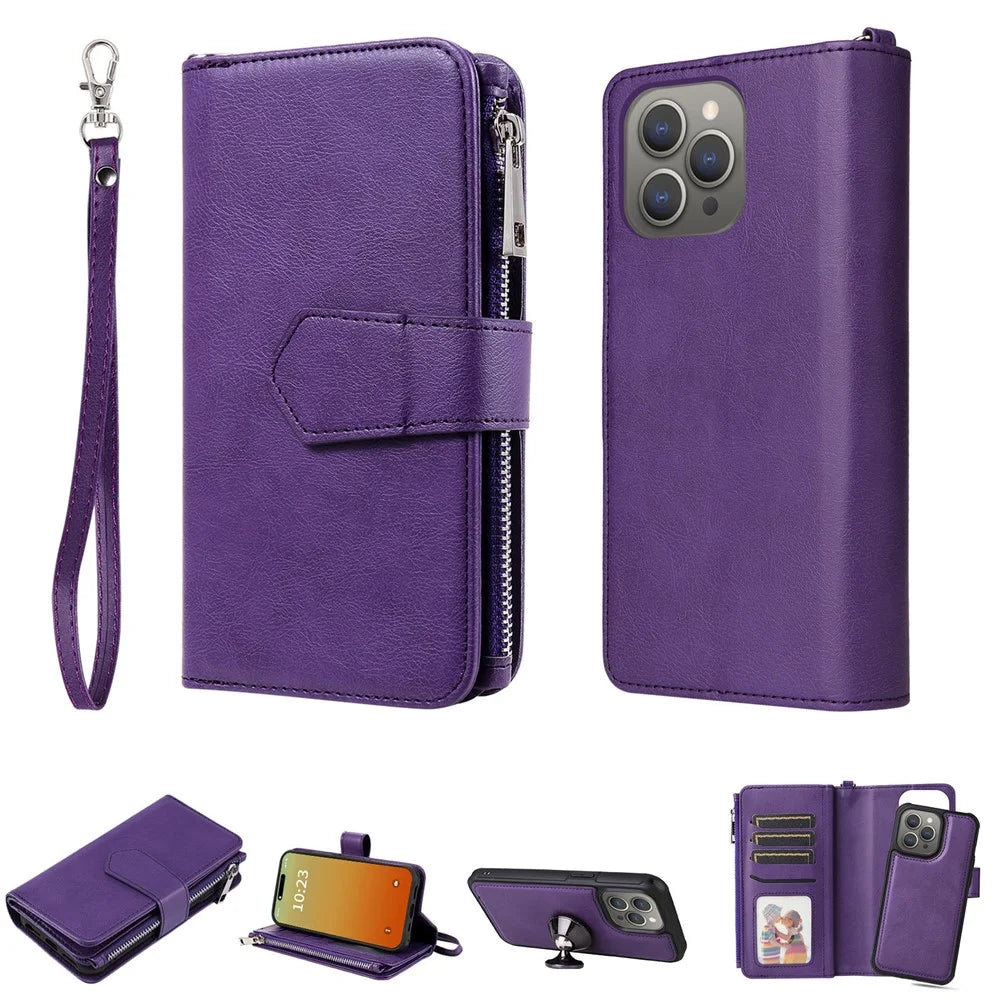 For iPhone 15 Pro Max Magnetic Leather Case Mobile Cover with Detachable Zipper Wallet Strap - Purple - 1