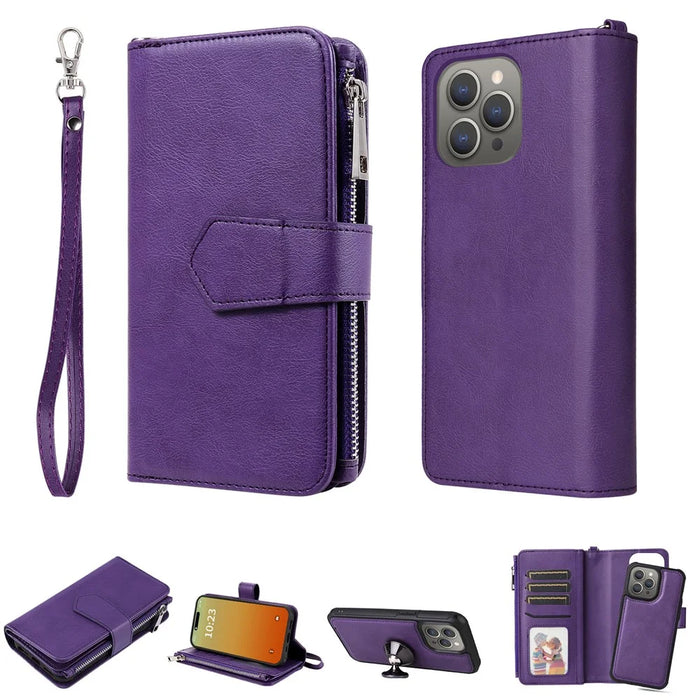 For iPhone 15 Pro Max Magnetic Leather Case Mobile Cover with Detachable Zipper Wallet Strap - Purple - 1