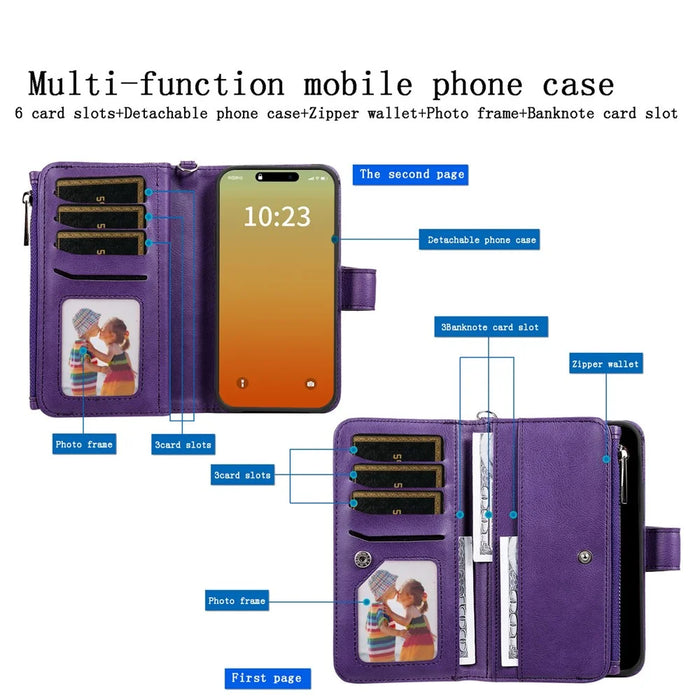 For iPhone 15 Pro Max Magnetic Leather Case Mobile Cover with Detachable Zipper Wallet Strap - Purple - 4