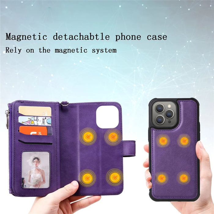 For iPhone 15 Pro Max Magnetic Leather Case Mobile Cover with Detachable Zipper Wallet Strap - Purple - 5