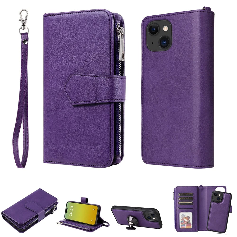 For iPhone 15 Magnetic Leather Case Mobile Cover with Detachable Zipper Wallet Strap - Purple - 1