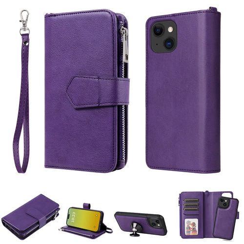 For iPhone 15 Magnetic Leather Case Mobile Cover with Detachable Zipper Wallet Strap - Purple - 1